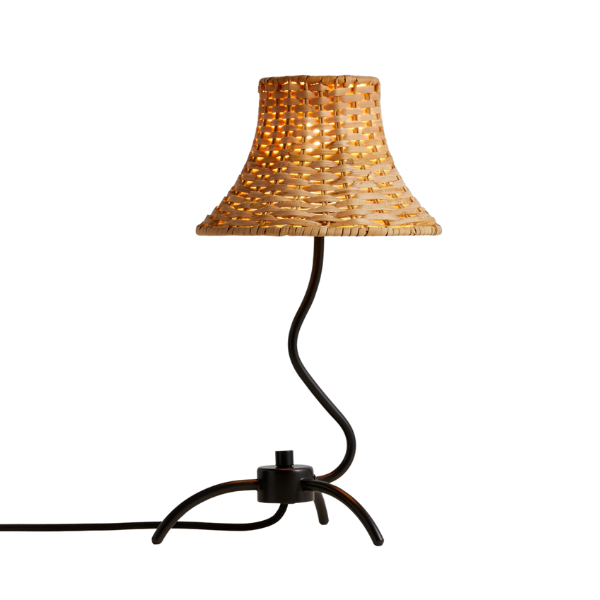 Crate & Barrel x Athena Calderone Bibelot Wavy Black Metal Mini Table Lamp with Rattan Shade