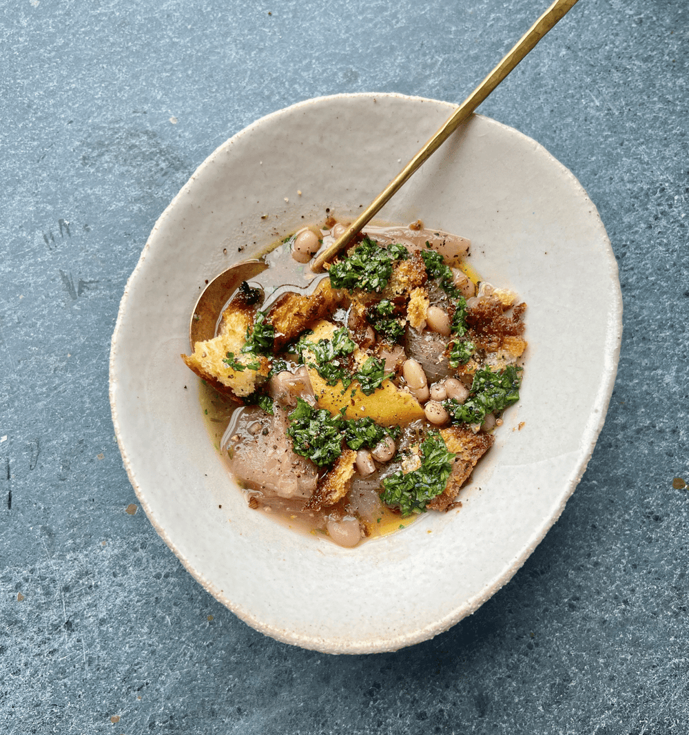 Brothy White Beans With Sourdough and Pistou